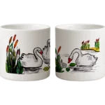 Presso šálka - labute na jazere – maľovaný prírodný motív