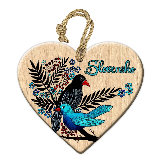 102 SK 66 Drevené srdiečko – Slovensko – straka a sojka na vetvičkách – Obrázok 1