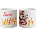 Presso šálka - Slovensko – žena v kroji s bábätkom a klasy obilia